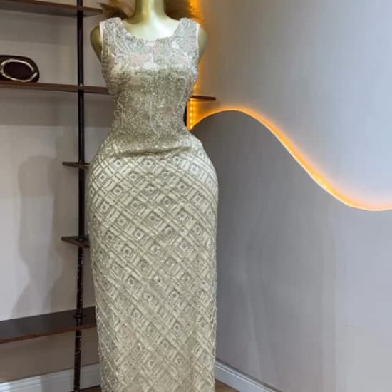 Elegant Glittering Cream color, Timeless luxury dress- Chic dress and Solid. A must have for your wardrobe.