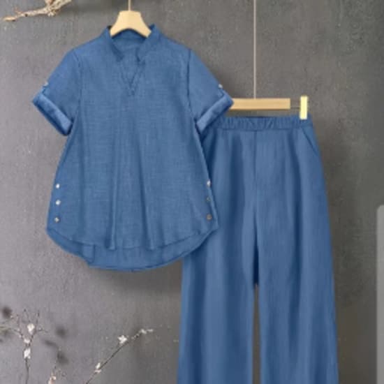 Non-Denim V neck button detail short sleeve Top and Elastic waist band 2 pieces