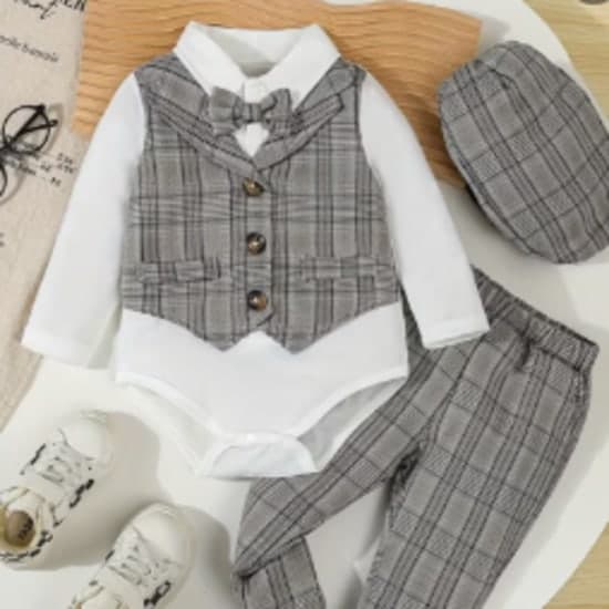 Newborn Baby Boy'S Plaid Vest for Spring And Autumn Party, a Faux Two-Piece Gentleman Suit with Long Sleeves, Includes a Triangle Bodysuit, Pants, And a Hat in a Three-Piece Set