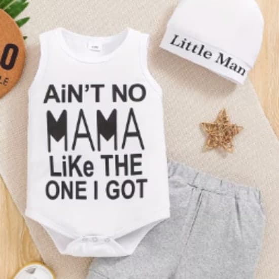 Infant and Toddler Pure Letter Print Short-Sleeve Romper + Gray Pants + Hat Three-Piece Set, Perfect for Outdoor