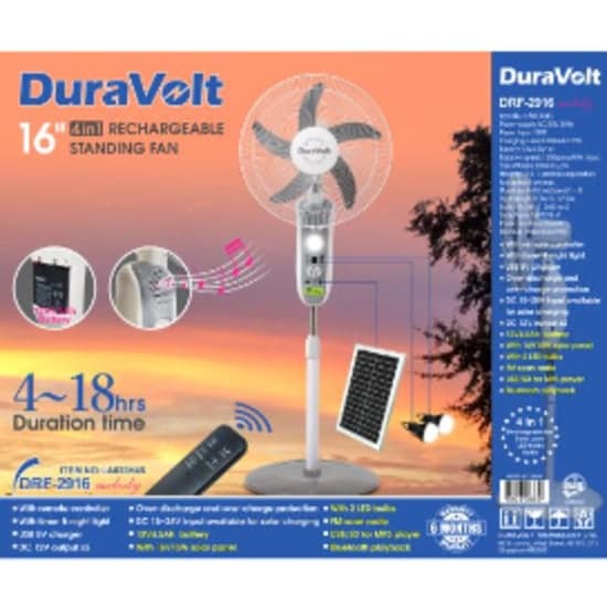 Duravolt 16 inches 4in1 Rechargeable Fan+Bluetooth Speaker +Solar Panel+LED Bulbs DRF-2916 melody H45