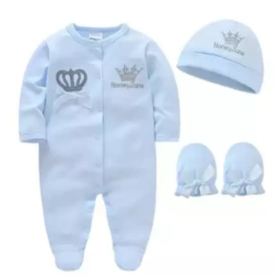 Baby Boy Autumn And Spring Long-Sleeved three-Piece Set with Footed Romper + Hat + Gloves for Outdoor