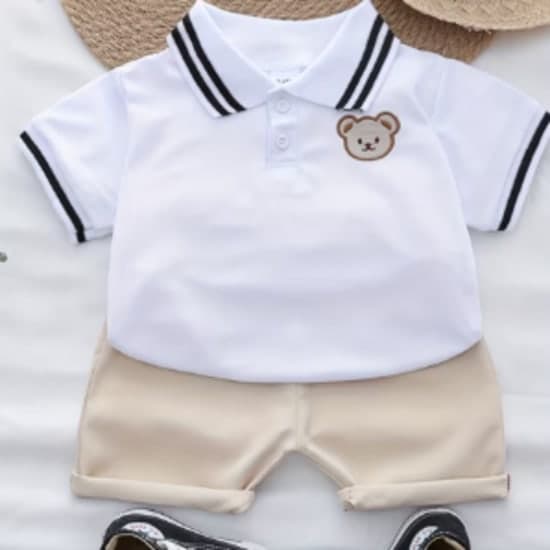 Classic Animal Infant and Toddler Short-Sleeve Set, Boys' and Girls' Short-Sleeve T-Shirt Set, Cropped Cartoon Bear Lapel T-Shirt Set